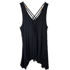 Cupio Black Sleeveless Tank‎ Top with Lace Trim and Strappy Back Size L